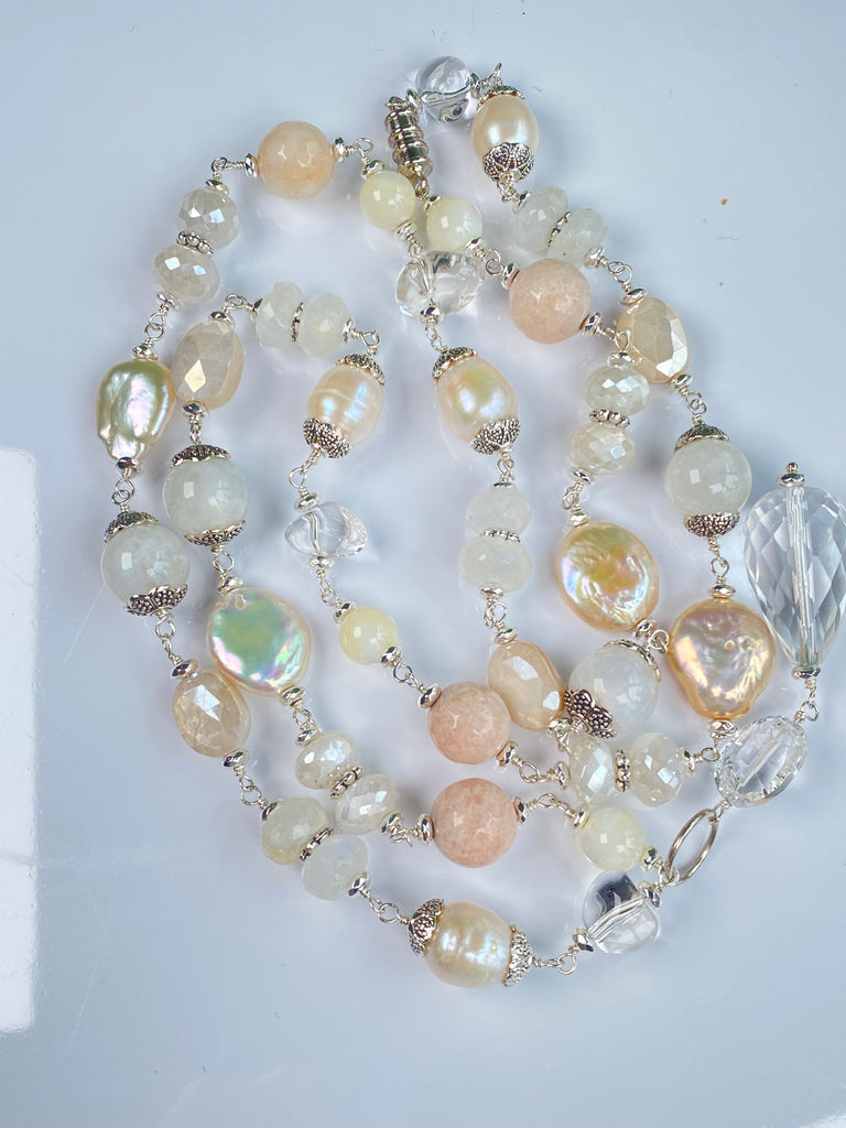 Crystal Quartz Moonstone Pearl Aventurine Long Necklace Sterling Silver - Doolittle