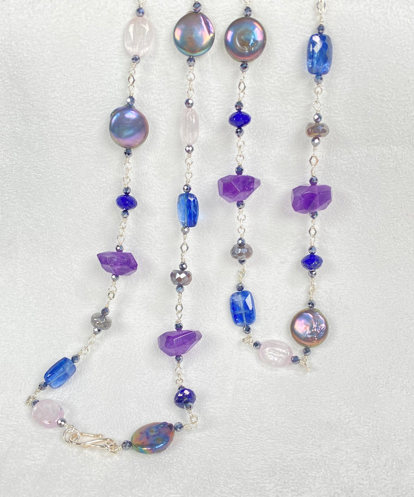 Long Blue Violet Necklace Amethyst Kyanite Kunzite Coin Pearl Sterling Silver