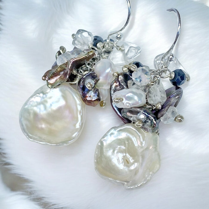 Black Spinel White Keishi Pearl Earrings