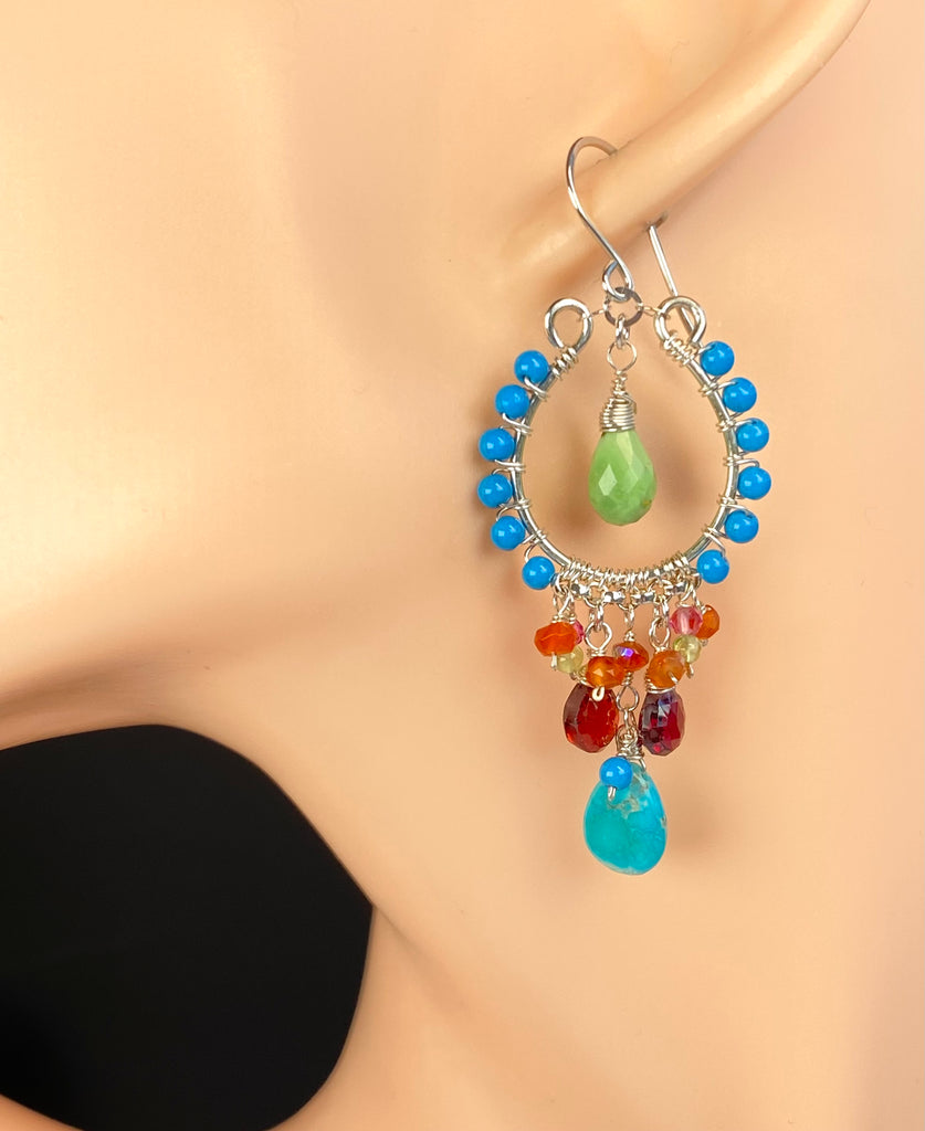 Turquoise & Garnet Chandelier Earrings Sterling Silver - Doolittle