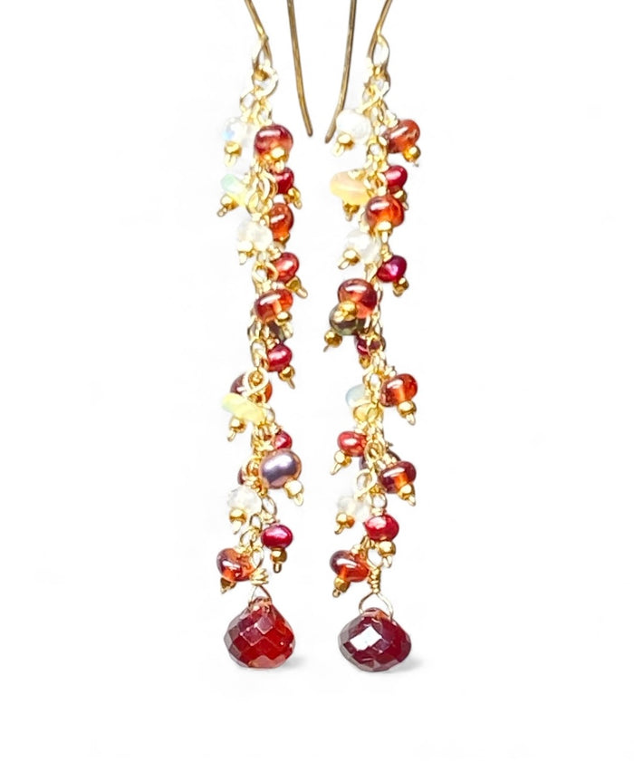 Red Garnet Cranberry Pearl and Opal Long Dangle Earring, Gold