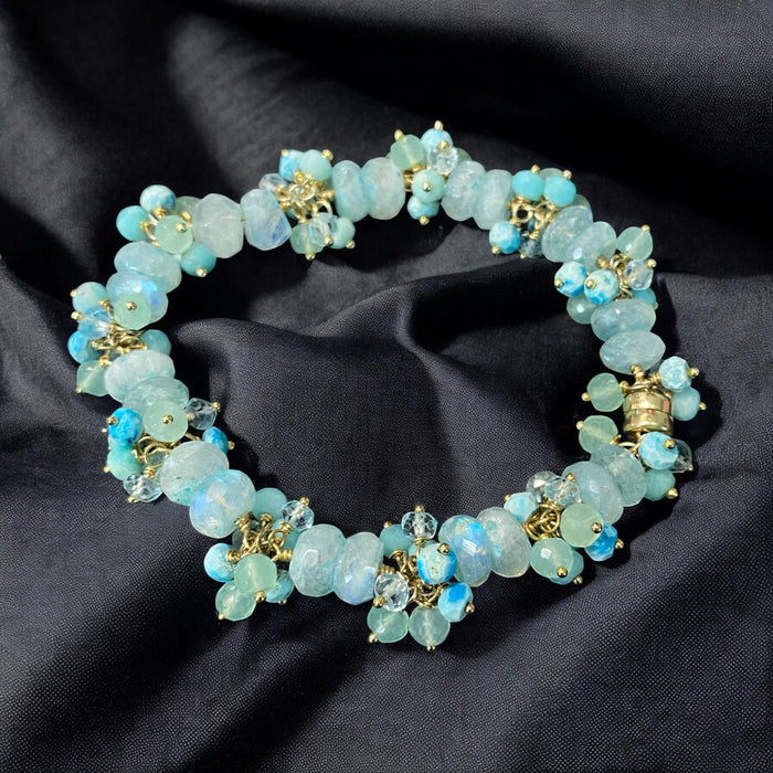 Aqua Moonstone Cluster Bracelet Gold Fill or Sterling Silver