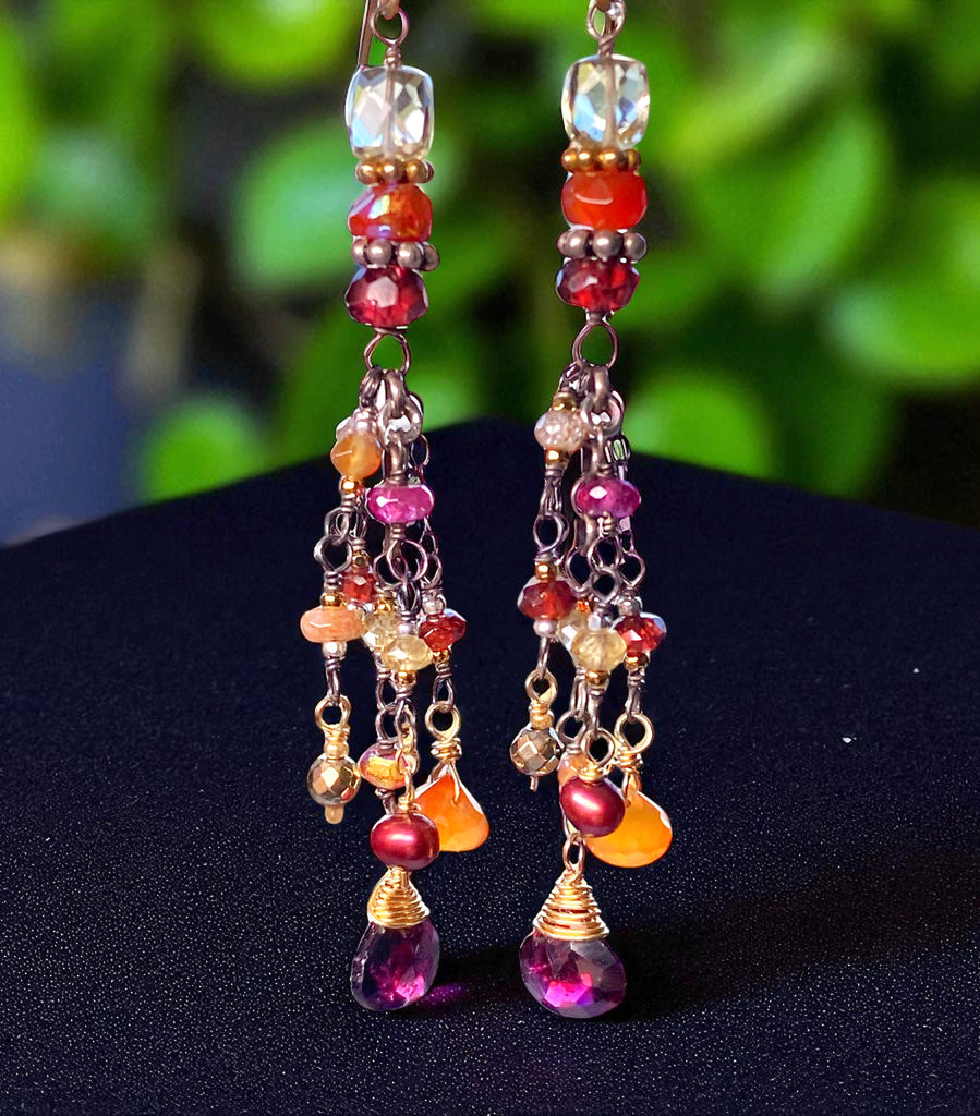 Multi Gemstone Gem Dangle Earrings, Boho Tassel Style, Red Garnet, Carnelian, Citrine, Mixed Metal