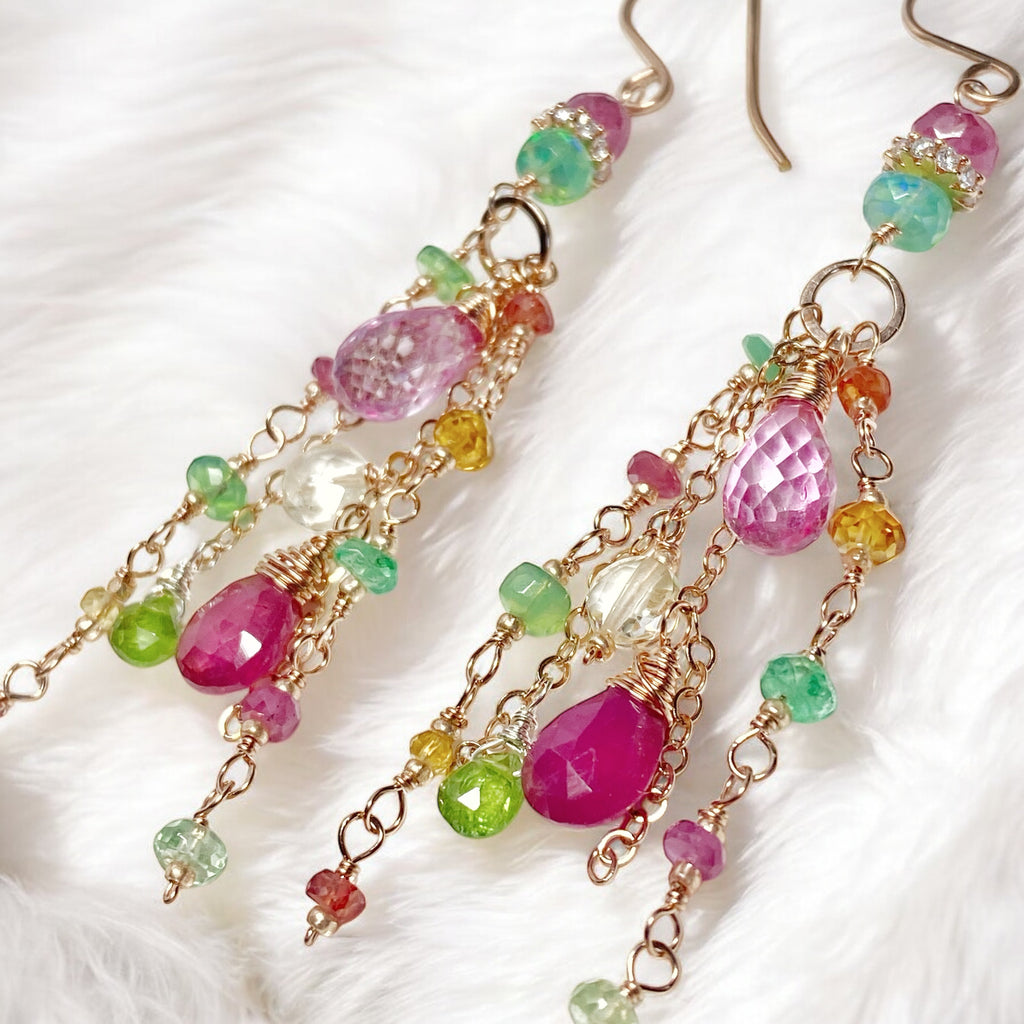 Pink Sapphire, Green Gemstone Rose Gold Long Dangle Earrings