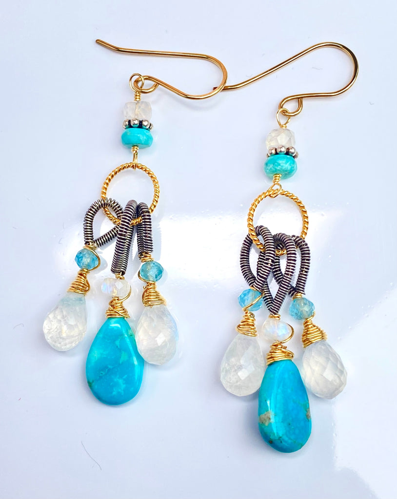 Turquoise & Rainbow Moonstone Dangle Earrings Mixed Metals