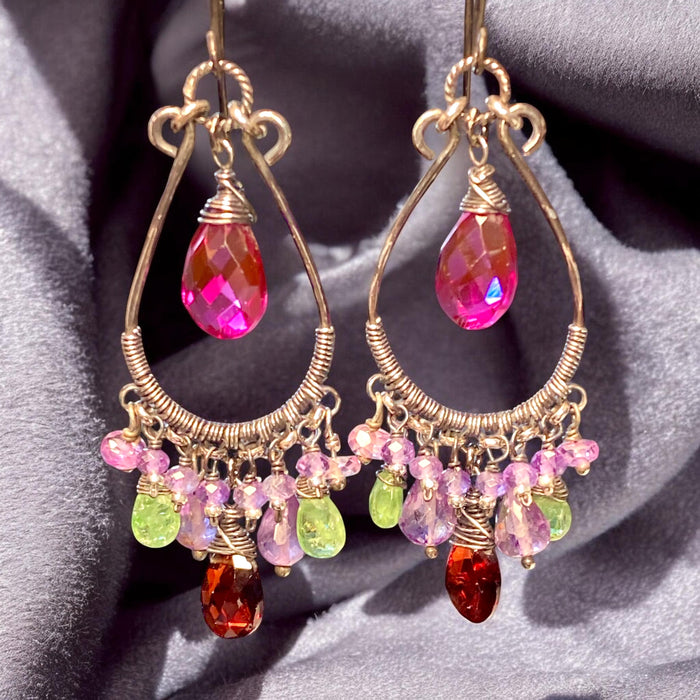 Multicolor Gemstone Statement Chandelier Earrings Oxidized Sterling Silver Amethyst Tsavorite Garnet - Doolittle