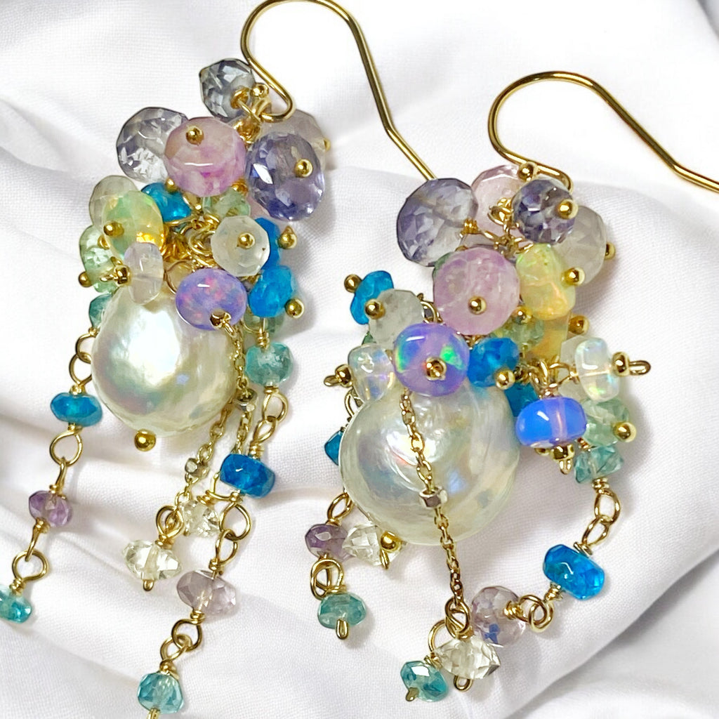 Edison Pearl Barque Cluster Earrings Gold Fill, Lavender, Blue, Aqua Green