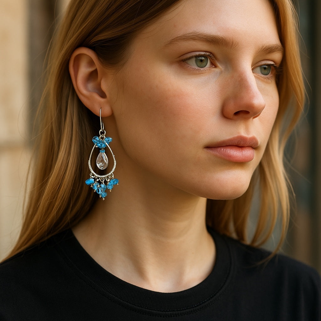 Blue Topaz and Opal Hoop Chandelier Earrings Sterling Silver