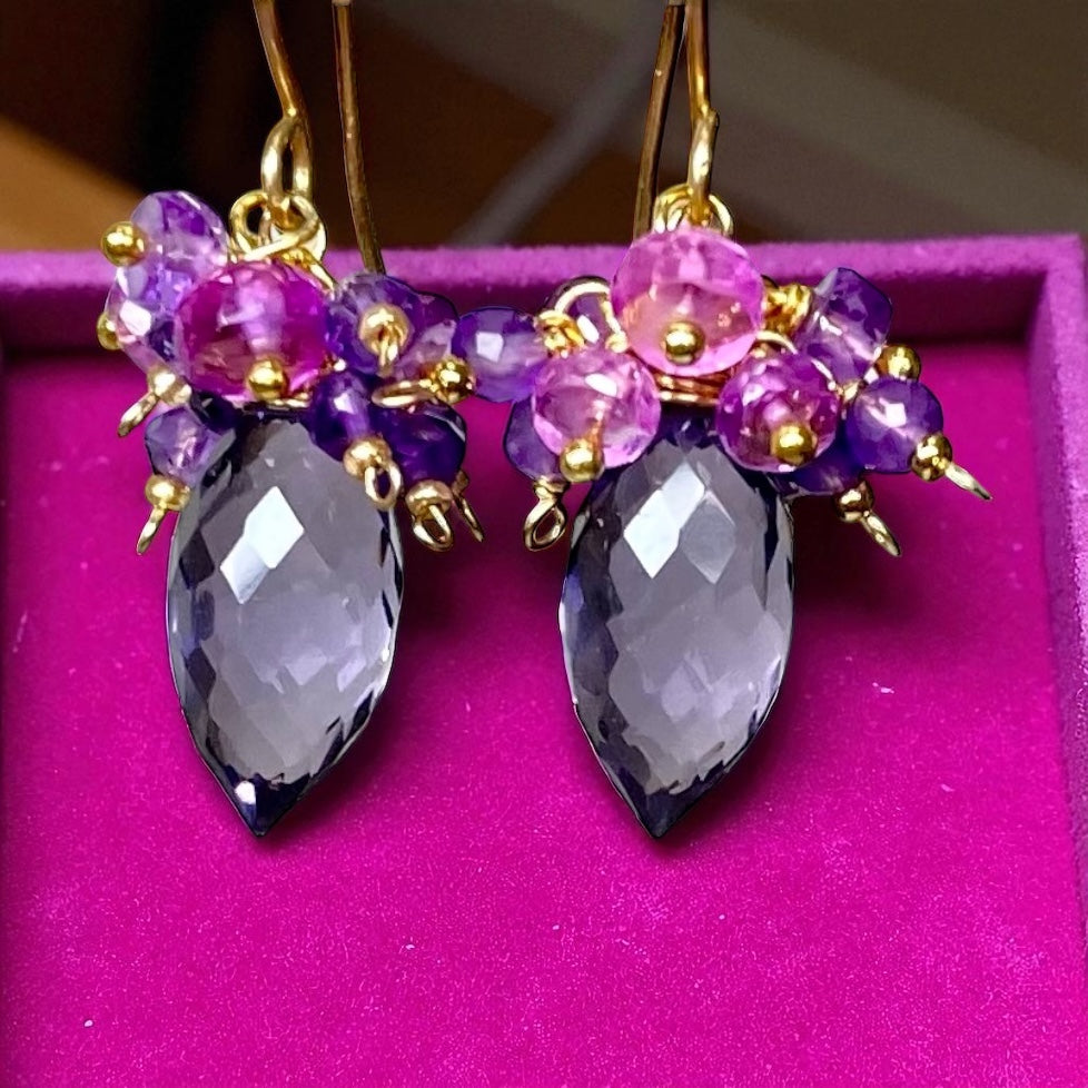 Amethyst, Violet Sapphire Cluster Earrings, Gold Fill