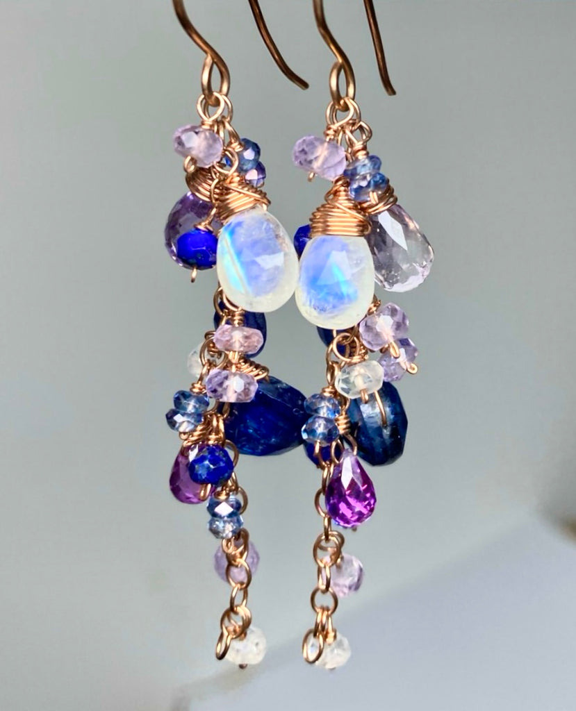 Blue Purple Gemstone Rose Gold Dangle Earrings with Tanzanite