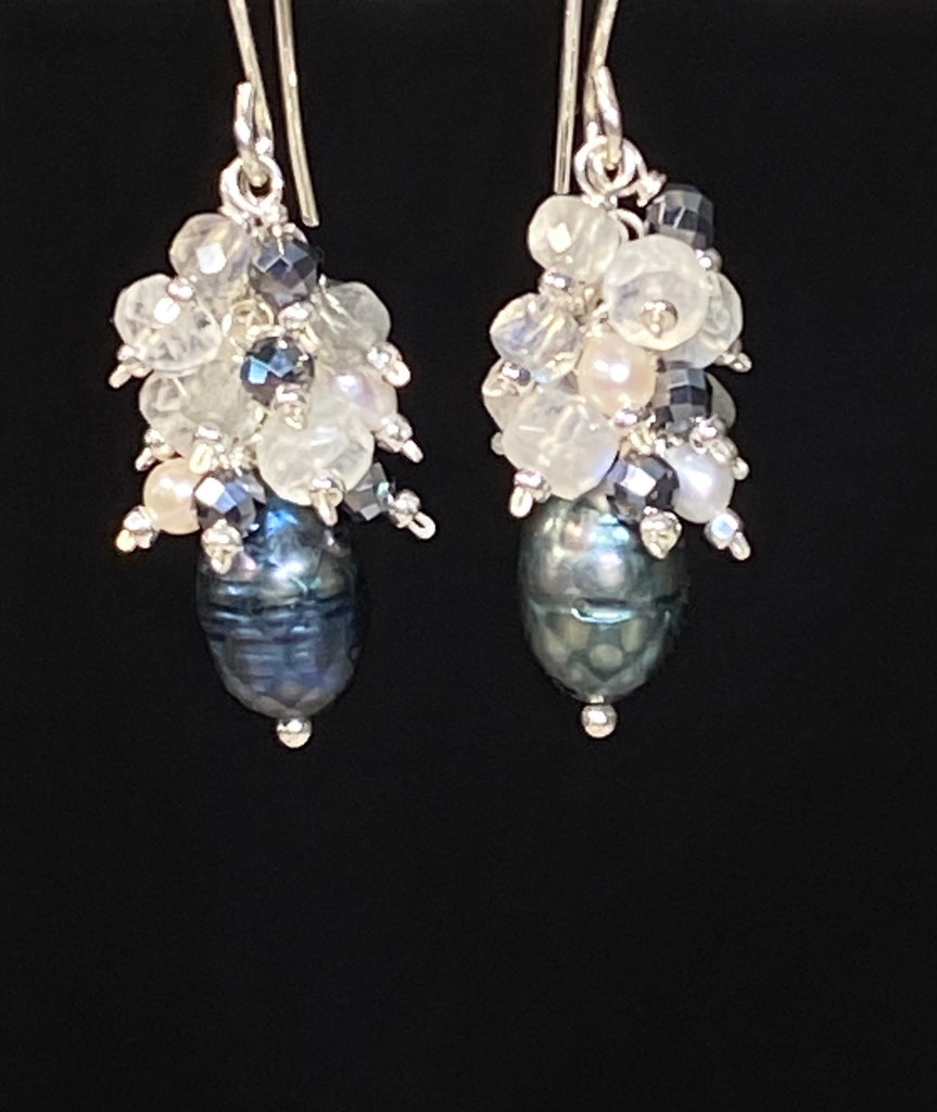 Petite Peacock Pearl Cluster Earrings — Pearl, Moonstone, Labradorite, Mystic Black Terahertz