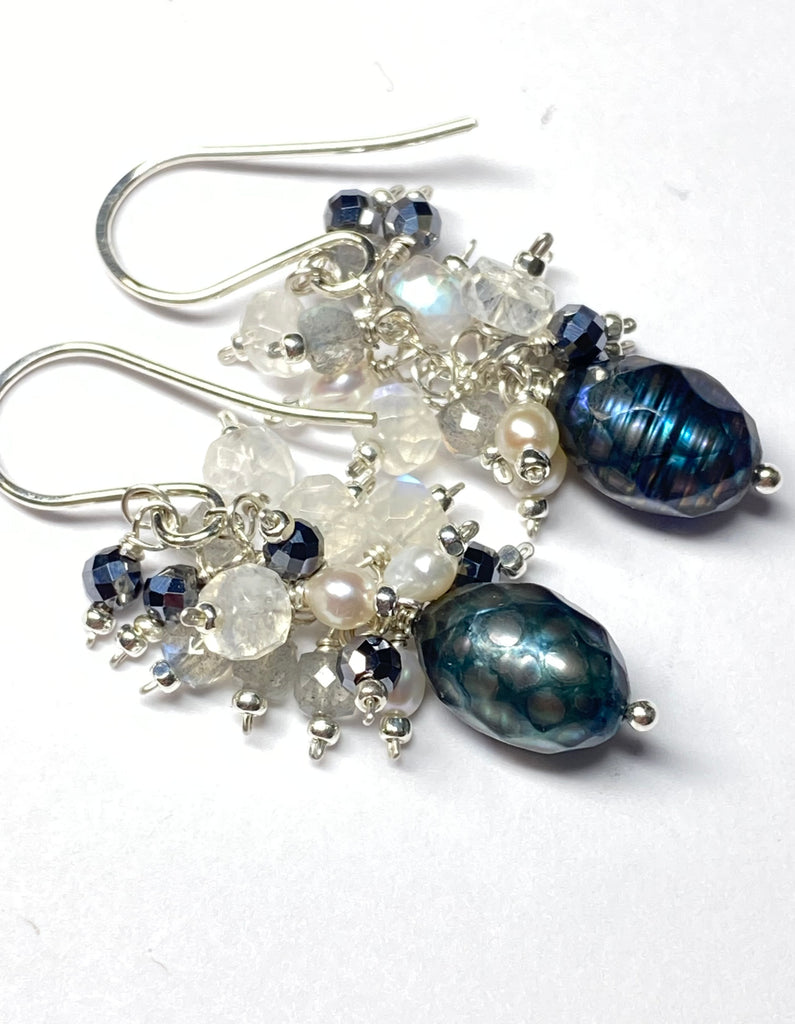 Petite Peacock Pearl Cluster Earrings — Pearl, Moonstone, Labradorite, Mystic Black Terahertz