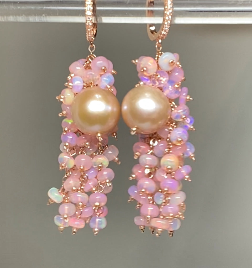 Pink Pearl, Pink Opal Statement Cluster Dangle Earrings, Rose Gold