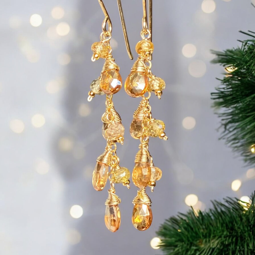 Golden Topaz and Natural Zircon Dangle Earrings Gold Fill 3