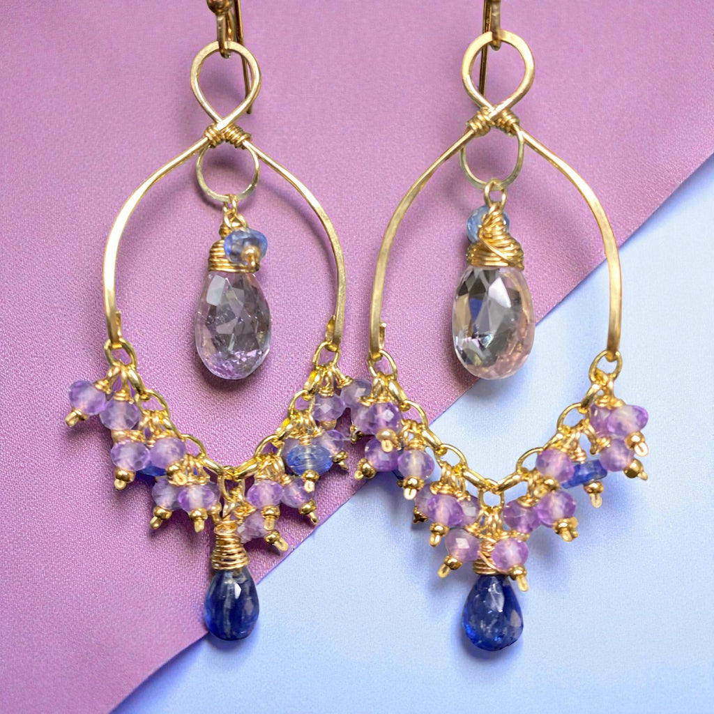 Lavender and Blue Gemstone Chandelier Dangle Earrings 14kt Gold Fill