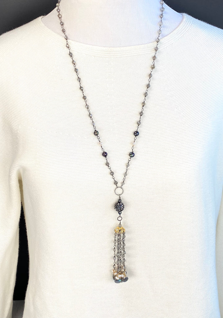 Mystic Labradorite Tassel Pendant Necklace with Marcasite & Spinel — Oxidized Sterling Silver & 14k Gold Fill
