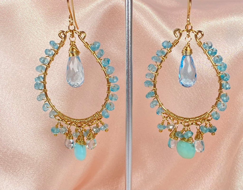 Blue Topaz Gold Fill Hoop Chandelier Earrings with Apatite, Peruvian Opal