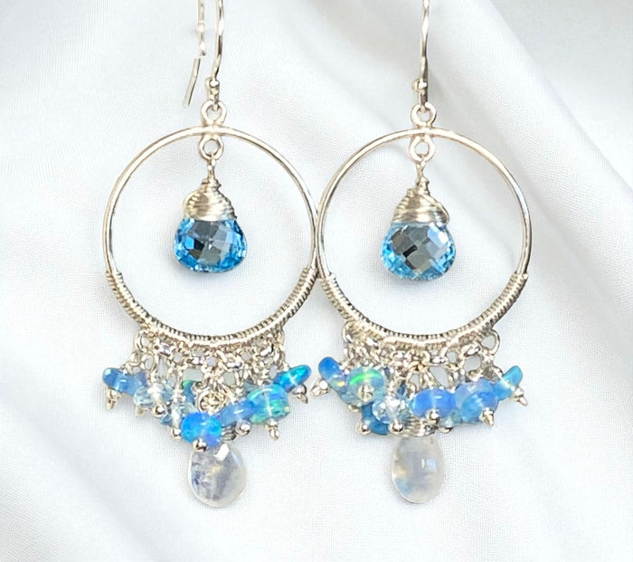 Blue Topaz, Opal, Chandelier Hoop Earrings Sterling Silver