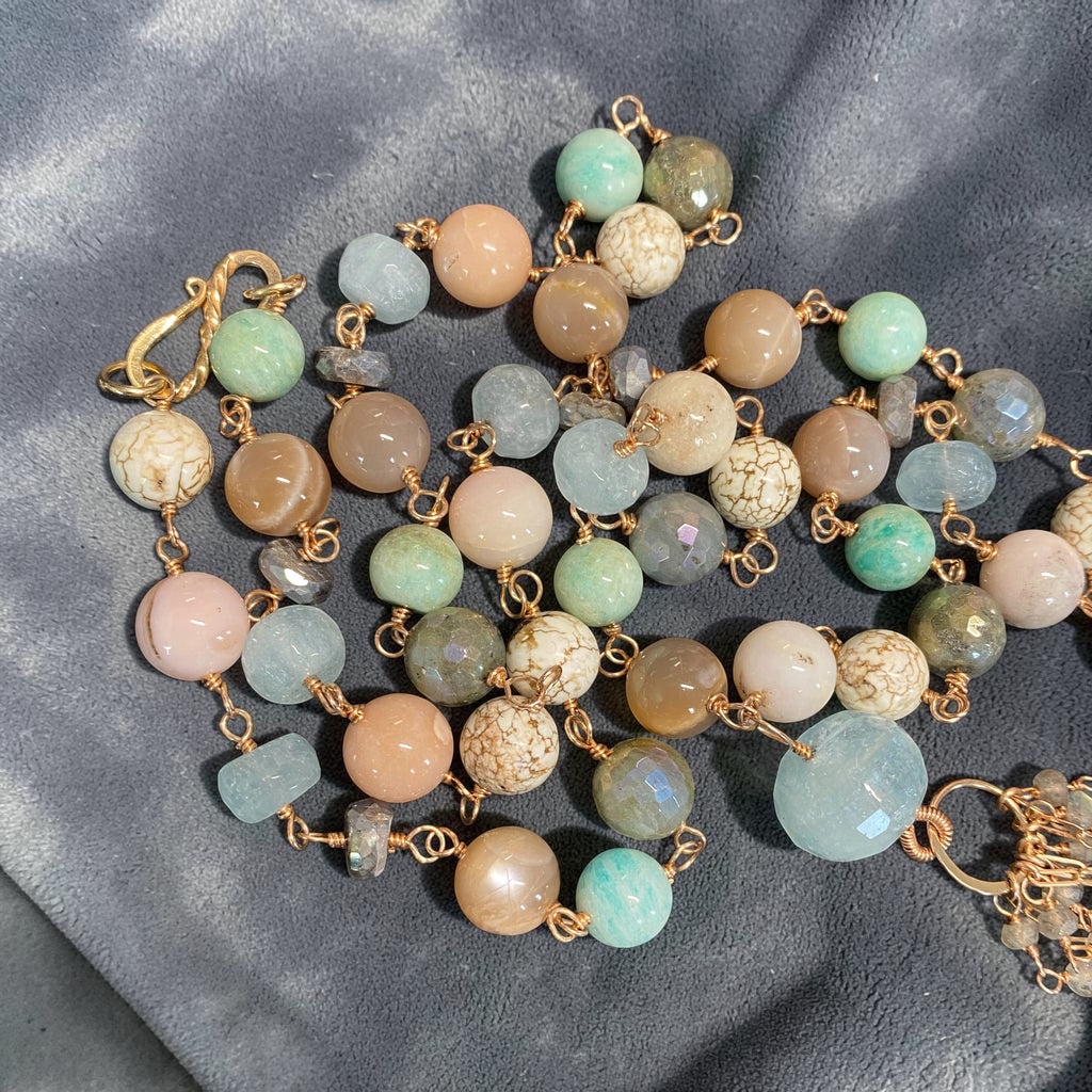 Aquamarine Labradorite Multi-Gemstone Long Tassel Necklace — Rose Gold Fill