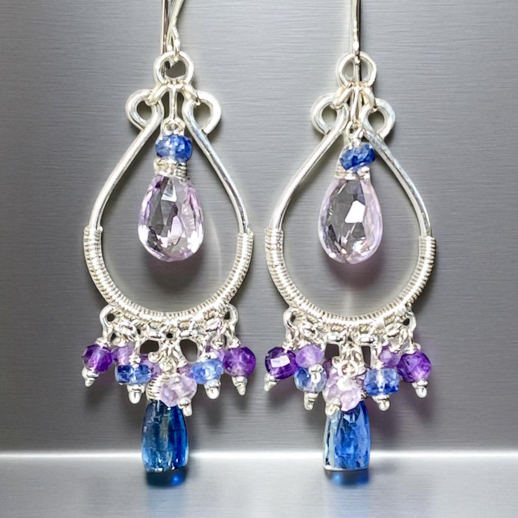 Blue Kyanite and Purple Gemstone Hoop Chandelier Earrings