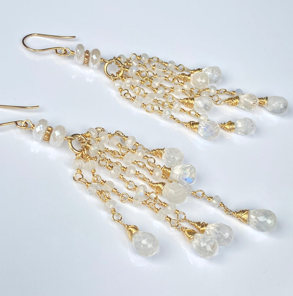 Rainbow Moonstone Tassel Earrings Gold