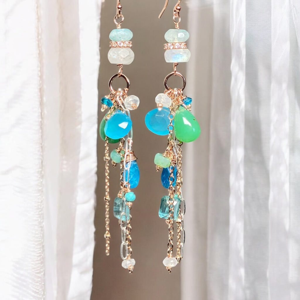 Rose Gold Long Boho Dangle Earrings Mixed Metal with Chrysoprase, Blue Chalcedony and Moonstone