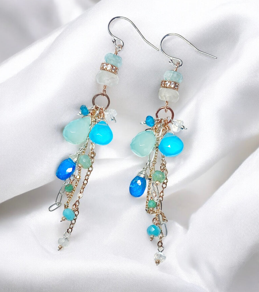 Long Boho Dangle Earrings with Aqua and Blue Chalcedony Mixed Metals