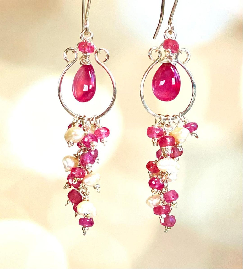 Pink Sapphire and Keishi Pearl Chandelier Hoop Earrings Sterling Silver - Doolittle
