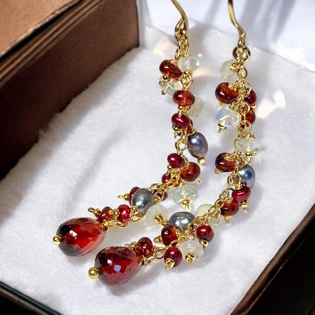 Red Garnet Cranberry Pearl and Opal Long Dangle Earring, Gold