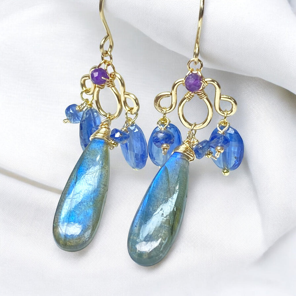 Blue Labradorite Statement Chandelier Earrings in Gold Fill with Kyanite