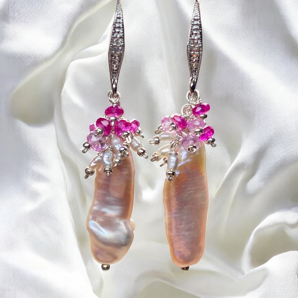Biwa Pearl Dangle Earrings, Pink Red Ruby Clusters Sterling Silver
