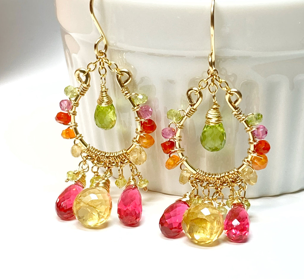 Colorful Gemstone Chandelier Earrings:  Peridot, Citrine, Fuchsia Pink Quartz, Gold Fill