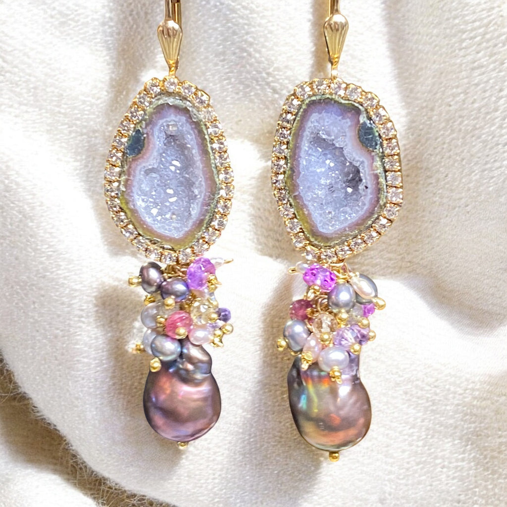 Grey Tabasco Geode and Baroque Pearl Cluster Dangle Earrings - Pink, Plum, Grey