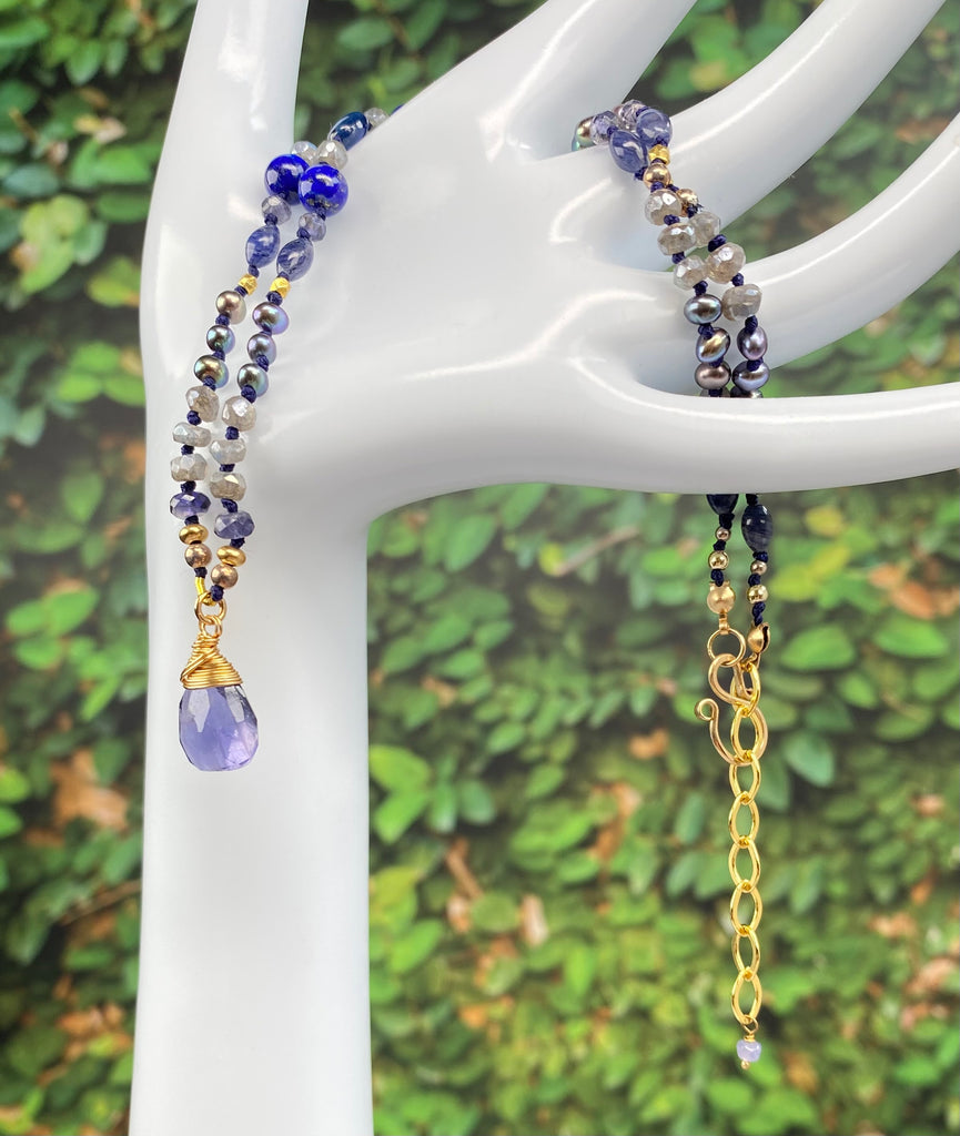 Blue Iolite Pendant Silk Knot Necklace: Mystic Labradorite, Pearl, Iolite, Blue Lapis, Gold Fill