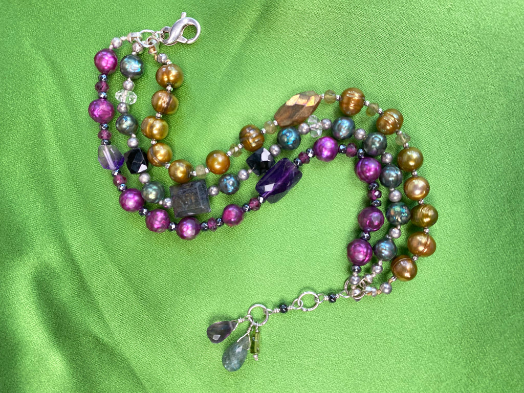 Colorful Triple-Strand Pearl & Gemstone Clasp Bracelet