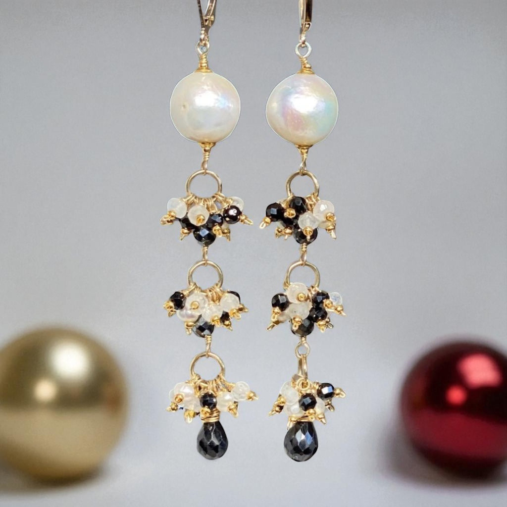 Edison Pearl Long Dangle Earrings with Black Spinel, White Pearl, Moonstone