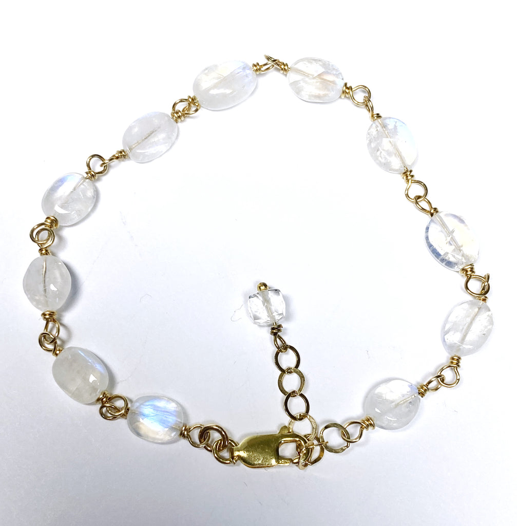 Rainbow Moonstone Wire Wrapped Bracelet, Gold Fill