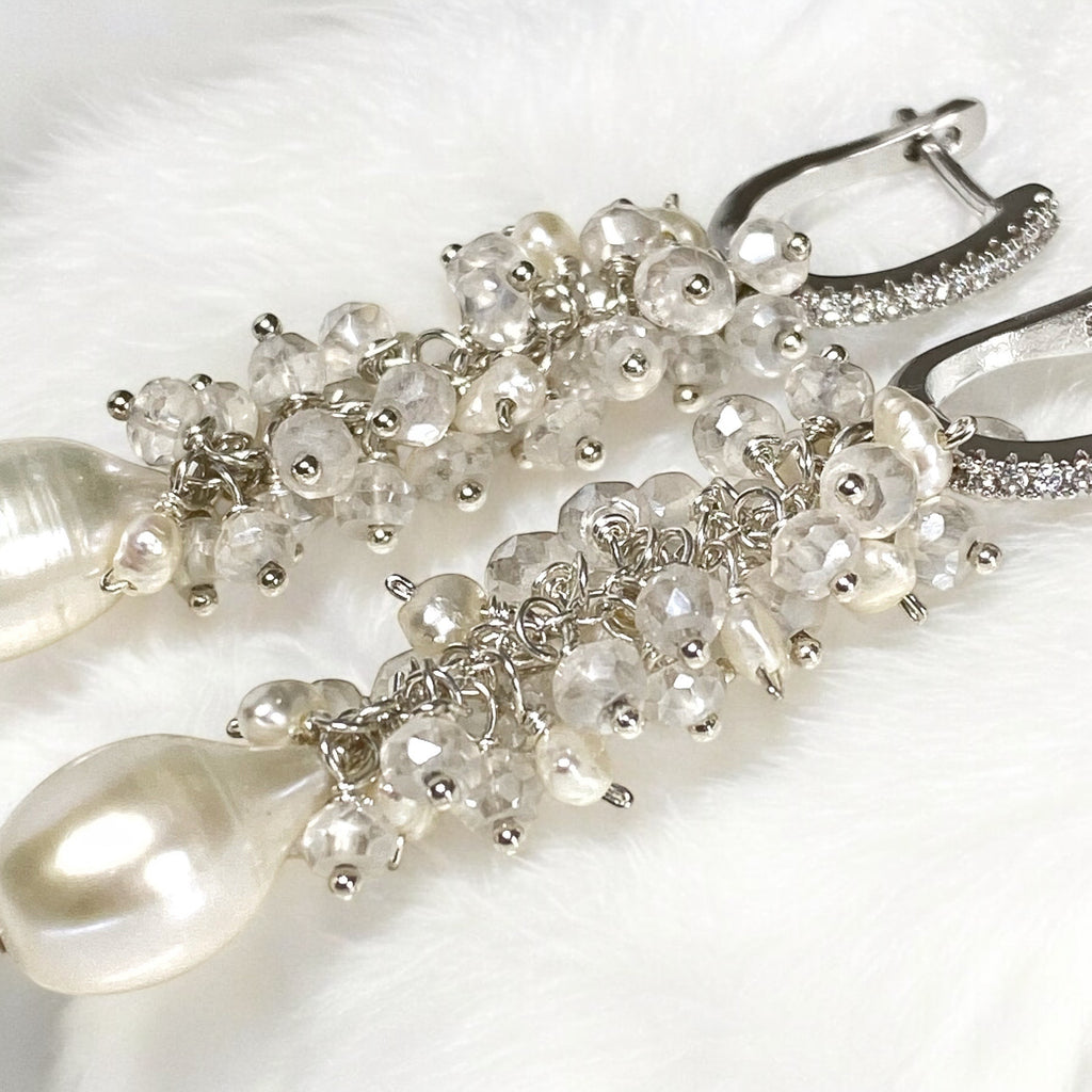 Long Mystic Quartz and Pearl Dangle Diamond Look Earrings