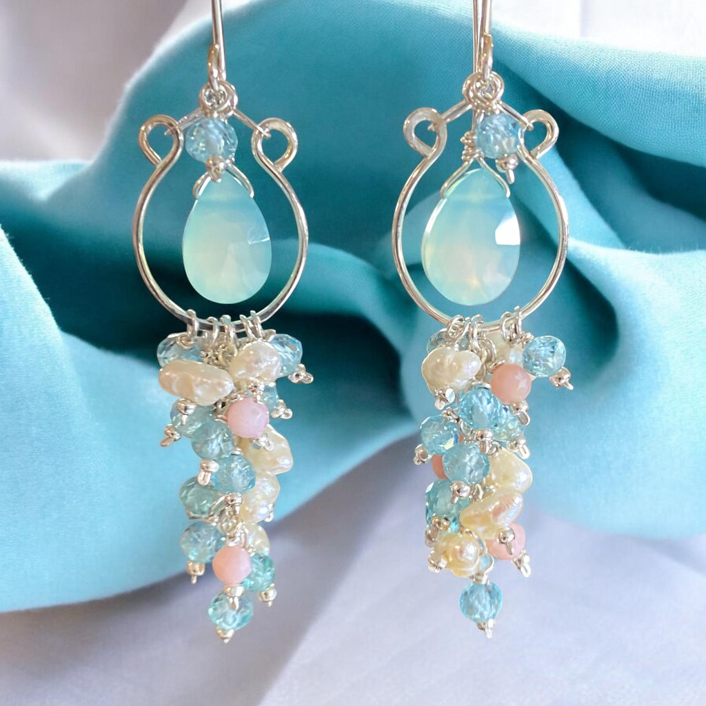 Aqua Chalcedony Gemstone Chandelier Hoop Tassel Earrings Sterling Silver — Apatite, Keishi Pearl, Pink Opals