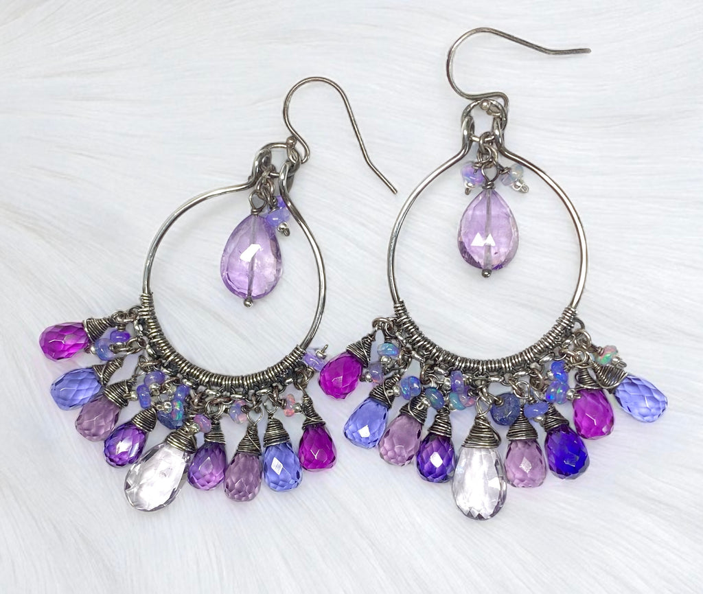 Blue Violet Gem Statement Chandelier Earrings in Oxidized Sterling Silver