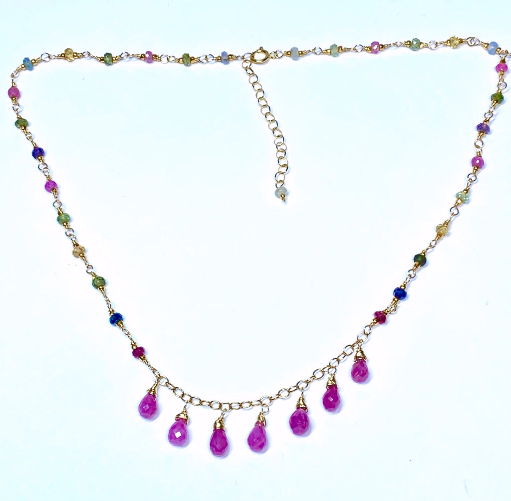 Pink Sapphire 14K Gold Fill Dangle Necklace Rosary Style Wire Wrap