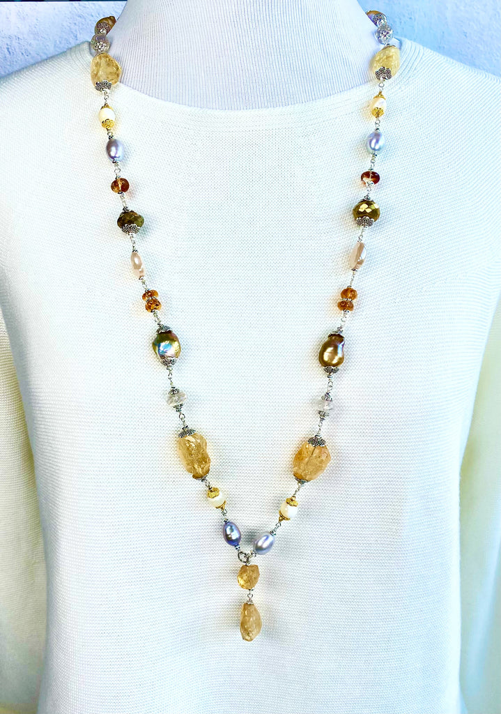 Citrine and Gold White Baroque Pearl Long Sautoir Necklace Sterling Silver — Pyrite Moonstone Crystal Quartz