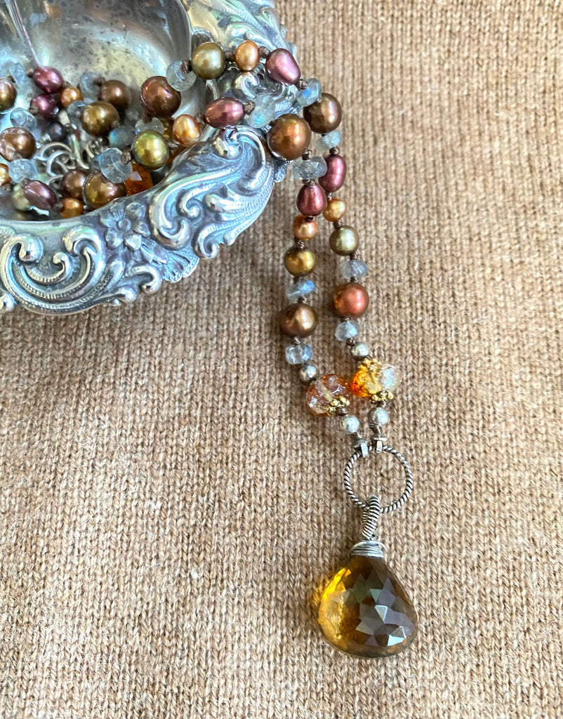 Cognac Quartz Silk Knot Pendant Necklace with Citrine, Labradorite, Pearl, Sterling Silver
