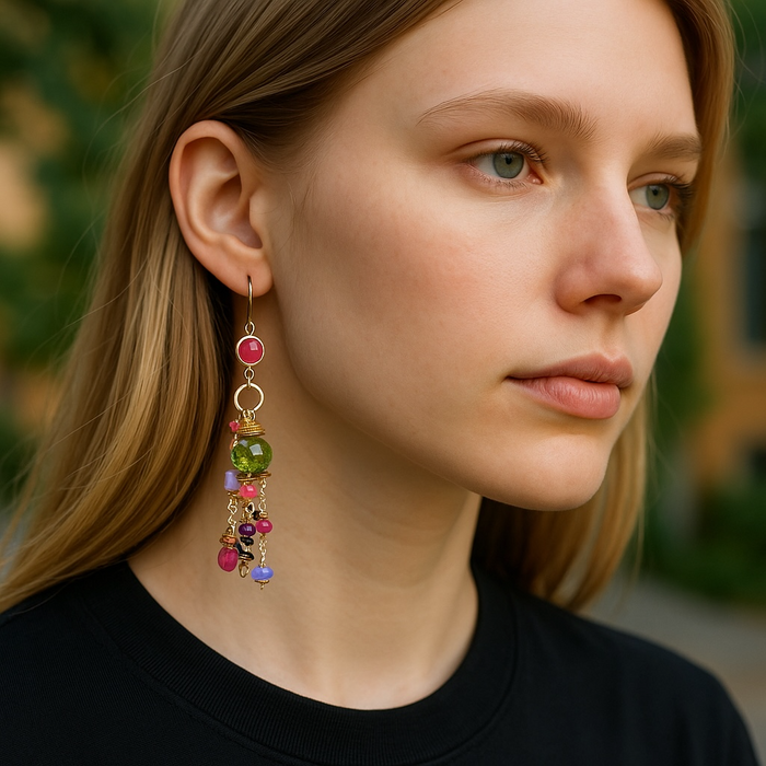 Green Tourmaline Colorful Gemstone Dangle Earrings in  Gold Fill on model - Doolittle