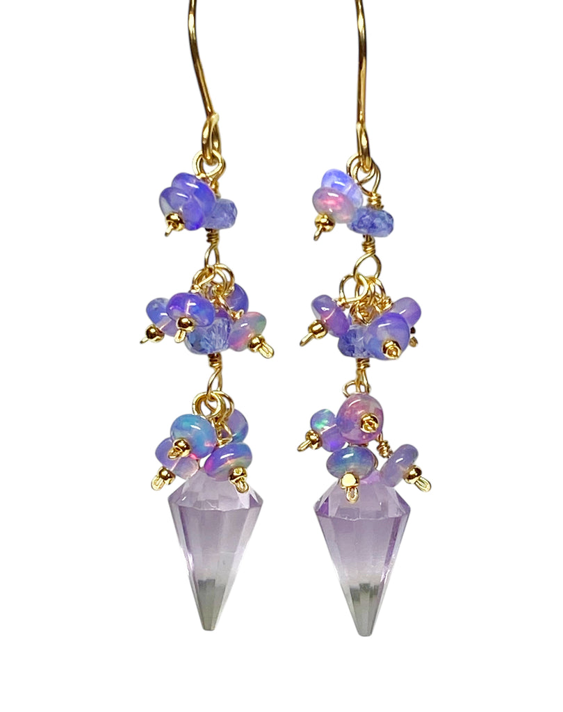 Amethyst Rose de France and Lavender Opal Dangle Earrings Gold Fill