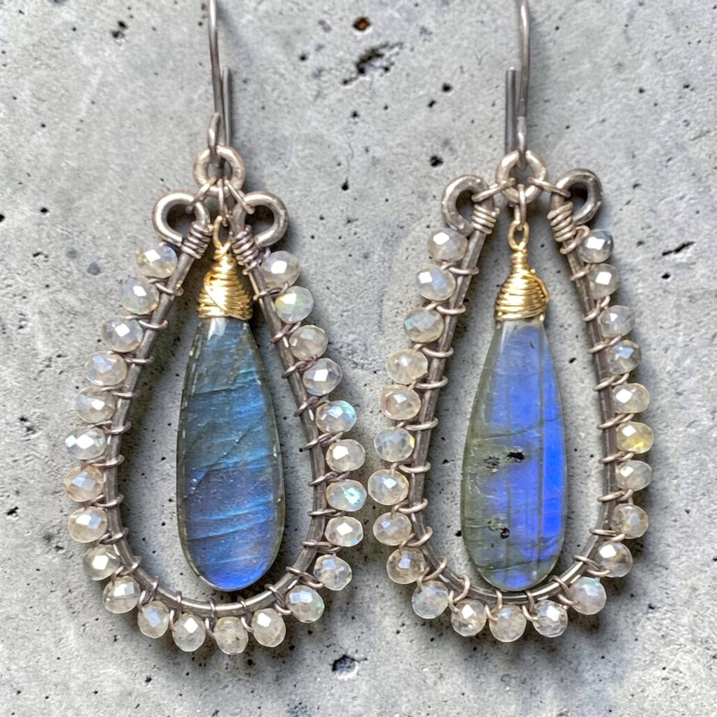 Blue Flash Labradorite Long Hoop Earrings - Oxidized Sterling Silver and Gold Fill - Doolittle