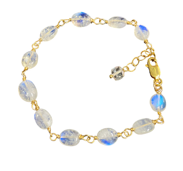 Rainbow Moonstone Wire Wrapped Bracelet, Gold Fill