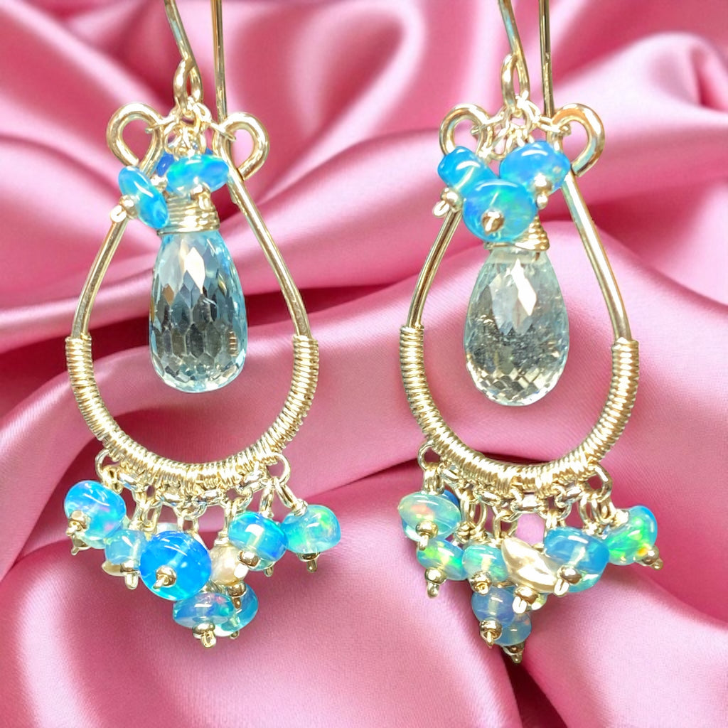 Blue Topaz and Opal Hoop Chandelier Earrings Sterling Silver