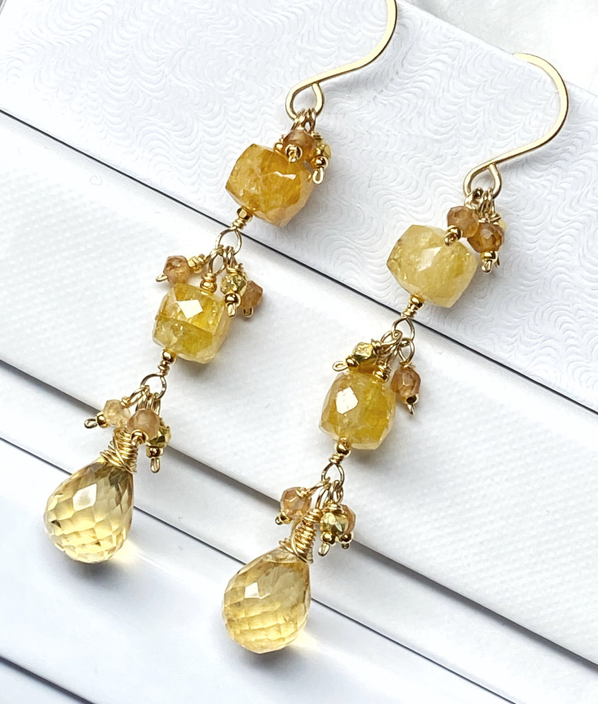 Long Citrine Dangle Earrings Gold Fill or Sterling Silver