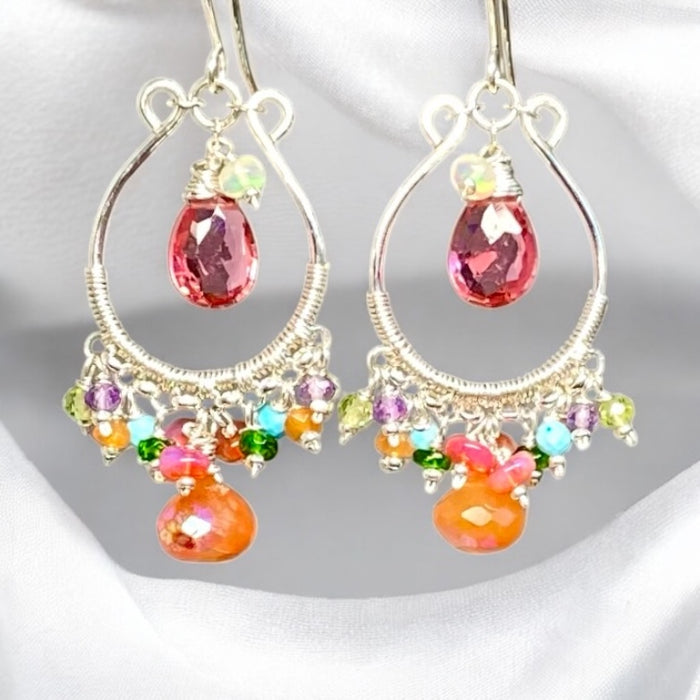 Pink, Orange, Multi Gemstone Sterling Silver Hoop Chandelier Earrings
